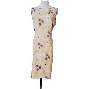 Sherri Martin Linen Blend Sheath Dress Sleeveless Ecru Lavender Green Embroidery